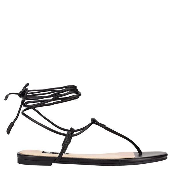 Nine West Tella Ankle Wrap Black Flat Sandals | South Africa 85U46-3A60